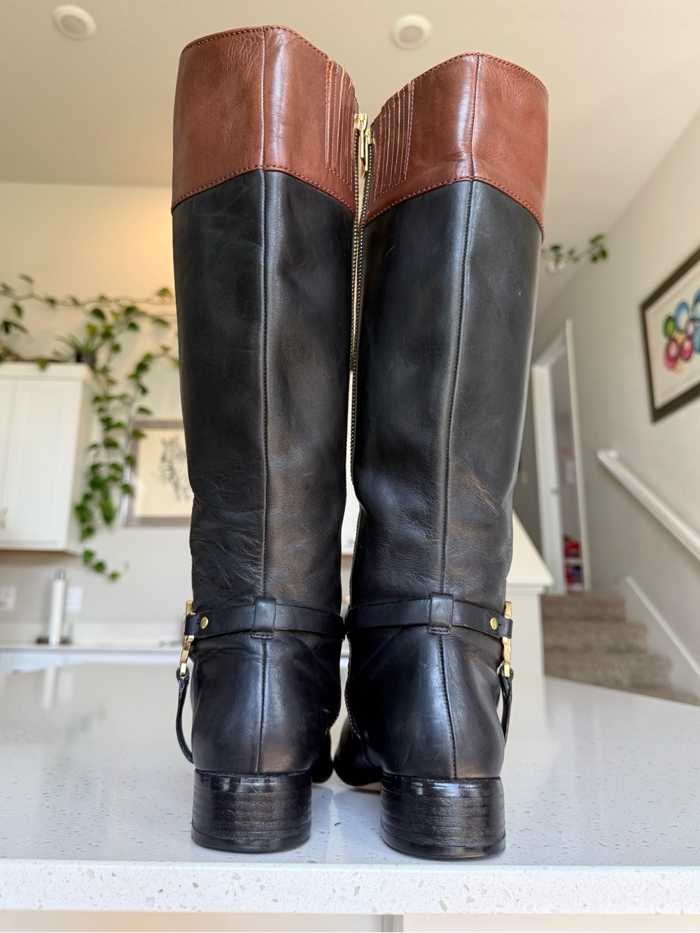 Michael Kors Black Leather Riding Boots with Brown Cuff - Picture 4 of 14